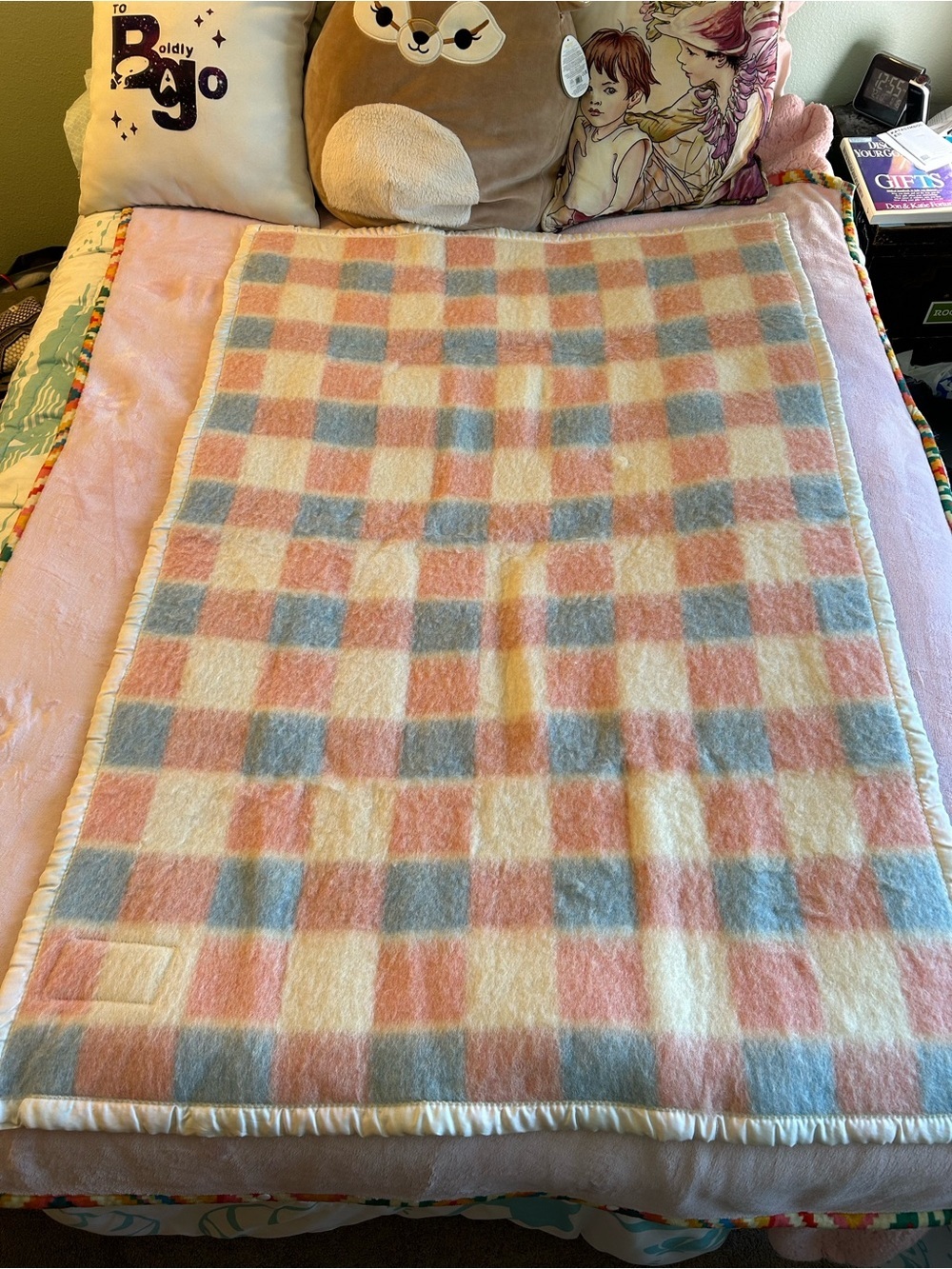 Vintage Van Wyk wool health blanket throw pink blue white satin trim 35X54